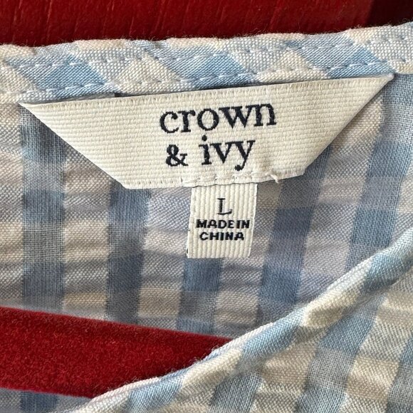 Crown & Ivy Dress Gingham Plaid Blue White Check Women Size Large Bow Sleeves - Picture 3 of 8